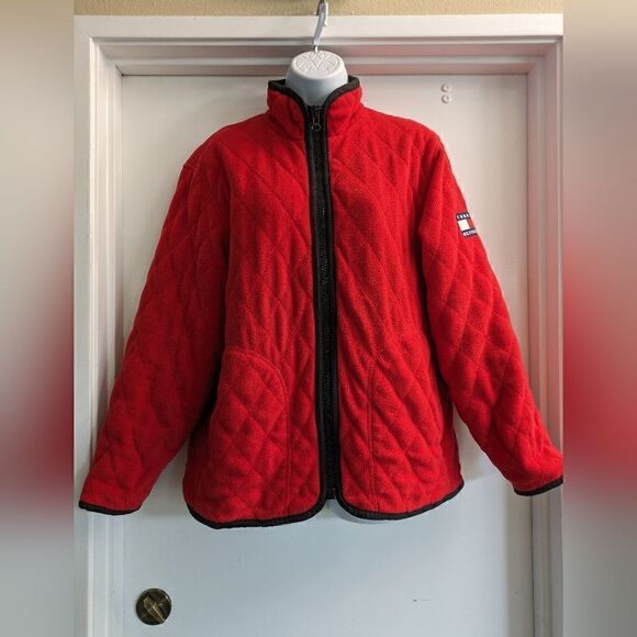 Vintage Tommy Hilfiger Flag Patch Quilted Fleece Full Zip Jacket Size small Red - Picture 1 of 11